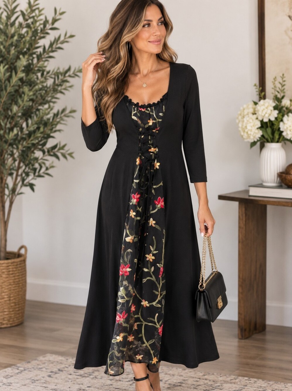 BloomChic Black Maxi Dress with Floral Lace-Up Panel